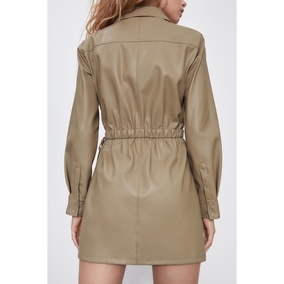 Zara - Beige Tan Camel Faux Leather Self Tie Long Sleeve Wrap Mini Dress Size XS - Picture 2 of 11